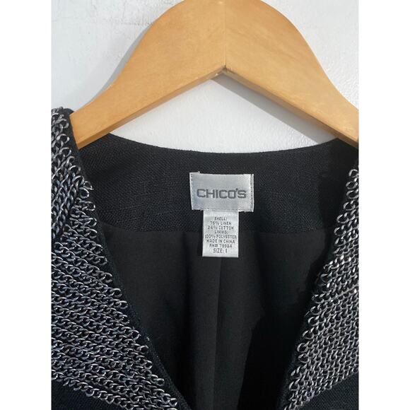 Chico’s linen blazer jacket women’s size M black chain link embellished career - Picture 2 of 4